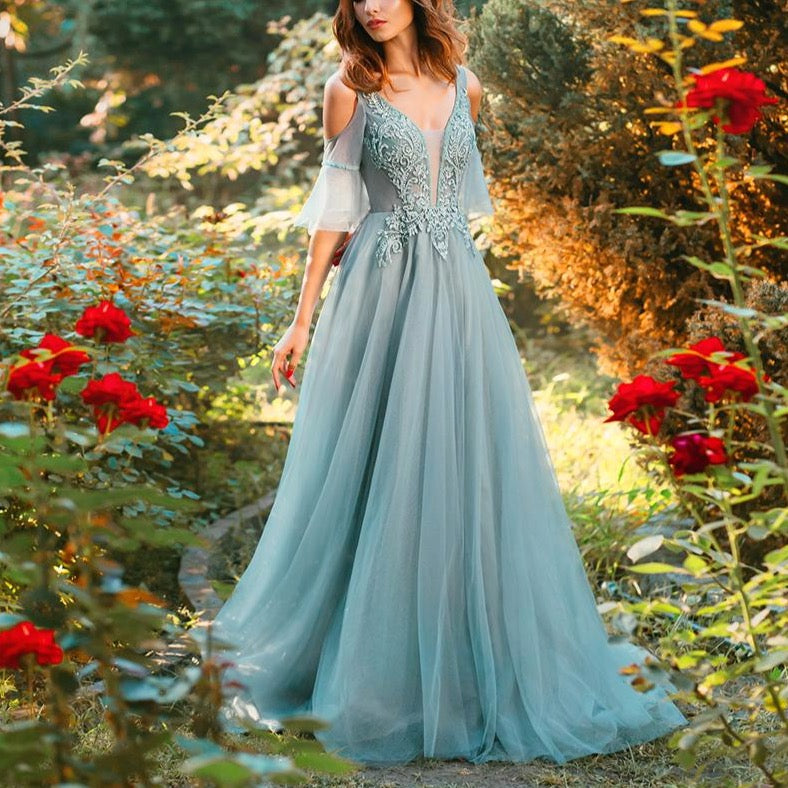 New Beautiful Evening Dress Green V-neck Sweep Train Appliques Sequins Long Prom Formal Gown - LiveTrendsX