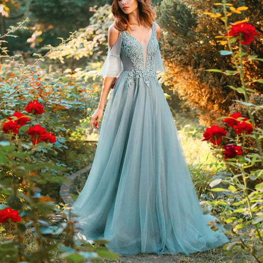New Beautiful Evening Dress Green V-neck Sweep Train Appliques Sequins Long Prom Formal Gown - LiveTrendsX