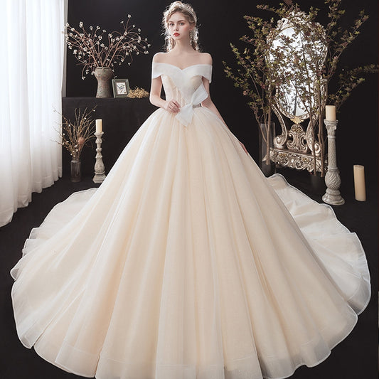 Shiny Ball Gown Wedding Dresses With Pearls Bow Vestido De Noiva Princesa Sweetheart Neck Lace Up Short Sleeve Elegant Dress - LiveTrendsX