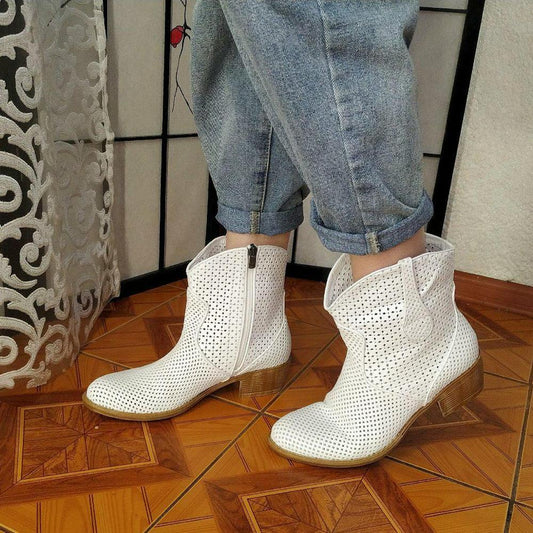 Genuine Leather Women's Spring Summer Boots Female Ankle Boots Ladies Casual Shoes Zipper Retro Block Hollow Out Breathable Slip on Low Heel - LiveTrendsX