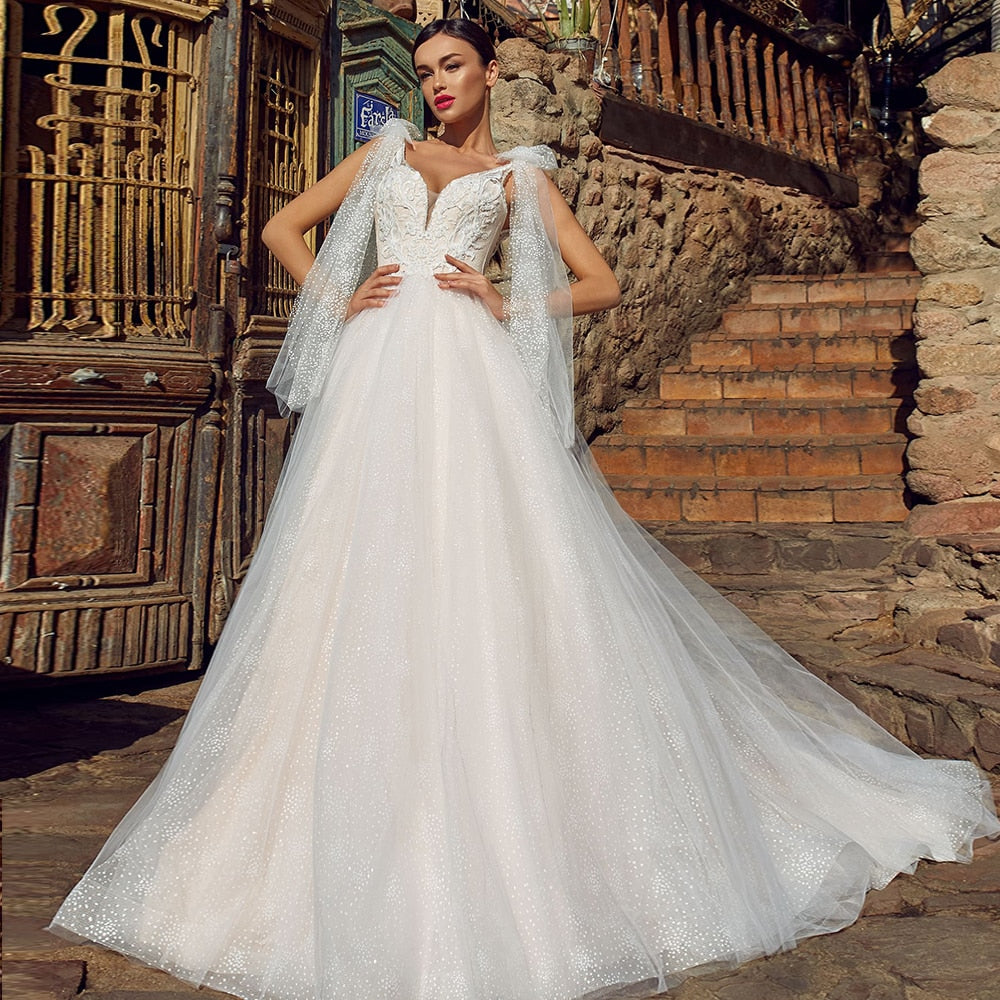 Princess Shiny Wedding Dress  Vestido Casamento V-neck Backless Bow Tank Shoulder Appliques beading Bridal Gowns - LiveTrendsX