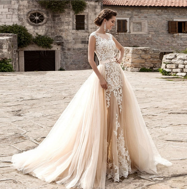 Mermaid Wedding Dress With Detachable Train Vestido De Novia Sirena Appliques Champagne 2 In 1 Wedding Gowns Mariage - LiveTrendsX