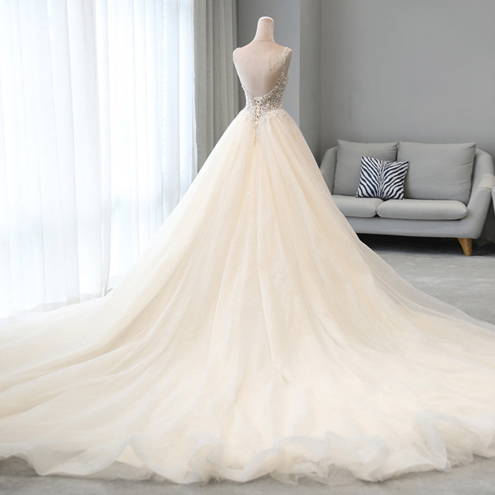 Shiny Beaded Crystal Body Princess Wedding Dresses A-line Vestido Noiva Shoulder Straps Backless Illusion Bridal Gowns - LiveTrendsX
