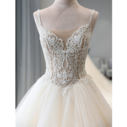 Shiny Beaded Crystal Body Princess Wedding Dresses A-line Vestido Noiva Shoulder Straps Backless Illusion Bridal Gowns - LiveTrendsX