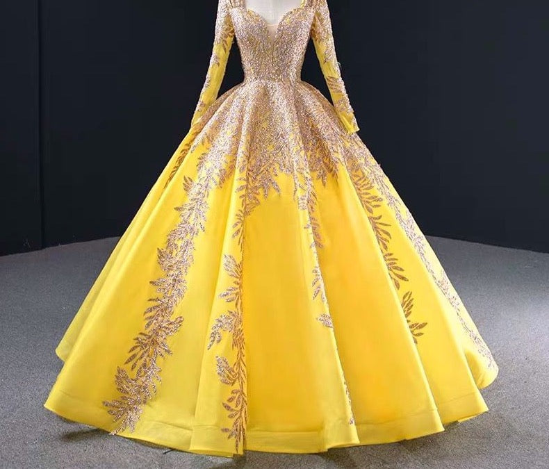 Luxury Sparkle Goden Lace Yellow Muslim Formal Dress 2020 Sweetheart Dubai Arabic Long Sleeve Elegant Evening Gown Prom Dress - LiveTrendsX