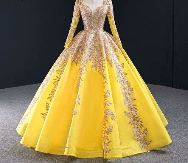 Luxury Sparkle Goden Lace Yellow Muslim Formal Dress 2020 Sweetheart Dubai Arabic Long Sleeve Elegant Evening Gown Prom Dress - LiveTrendsX