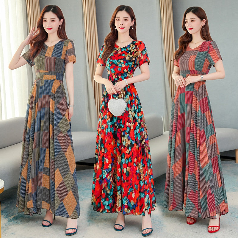 Korean summer new style o-neck ladies chiffon printing short-sleeved temperament waist was thin dress women - LiveTrendsX