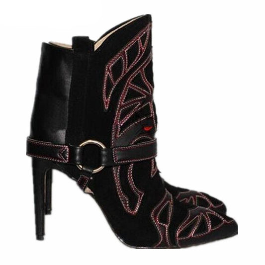 Women Embroidered Ankle Boots Pointed Toe