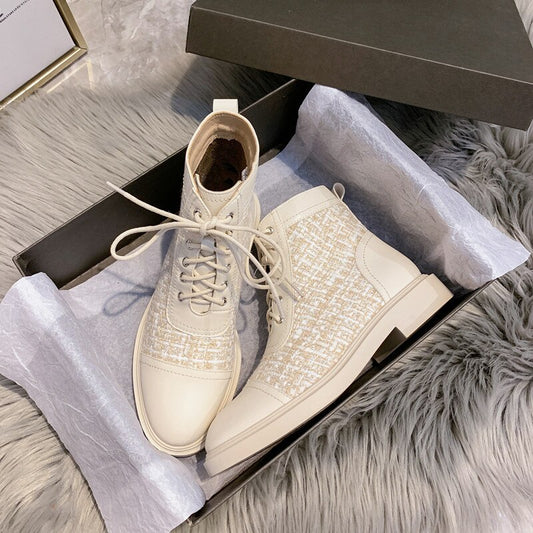 女性用ラウンドトゥ パッチワーク ギンガム クロスタイ チェルシーブーツ