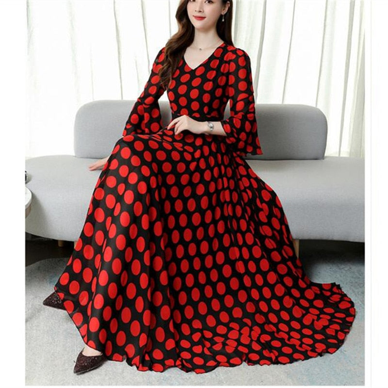 summer new elegant fashion wave point waist was thin and fashionable V-neck ruffle sleeve temperament long dress - LiveTrendsX