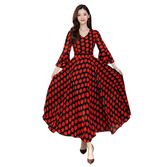 summer new elegant fashion wave point waist was thin and fashionable V-neck ruffle sleeve temperament long dress - LiveTrendsX