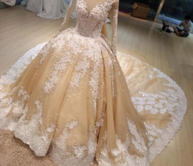 3D Pearl Luxury Wedding Dress 2020 Custom Made Wedding Dress 2020 Beaded Lace Bridal Dress - LiveTrendsX