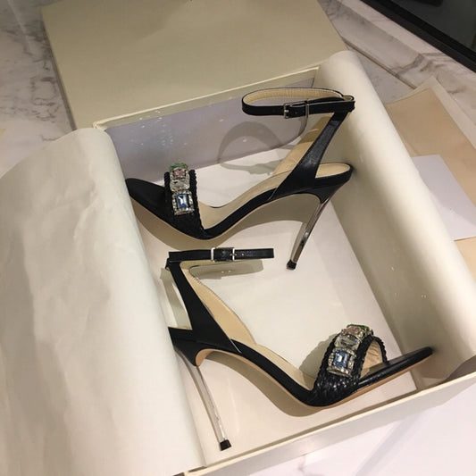 Fashion Summer High Heel Sandals Rough Fish Head Open-toed Sandals Sexy Crystal Women's Shoes Genuine Leather Women's Sandals - LiveTrendsX