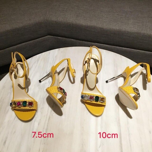 Fashion Summer High Heel Sandals Rough Fish Head Open-toed Sandals Sexy Crystal Women's Shoes Genuine Leather Women's Sandals - LiveTrendsX