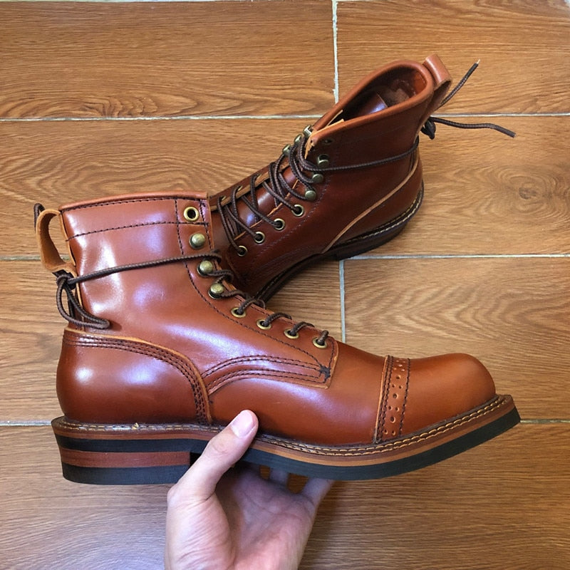Men's Brown Leather Lace-Up Motorcycle Boots - LiveTrendsX made-to-order fit view 1