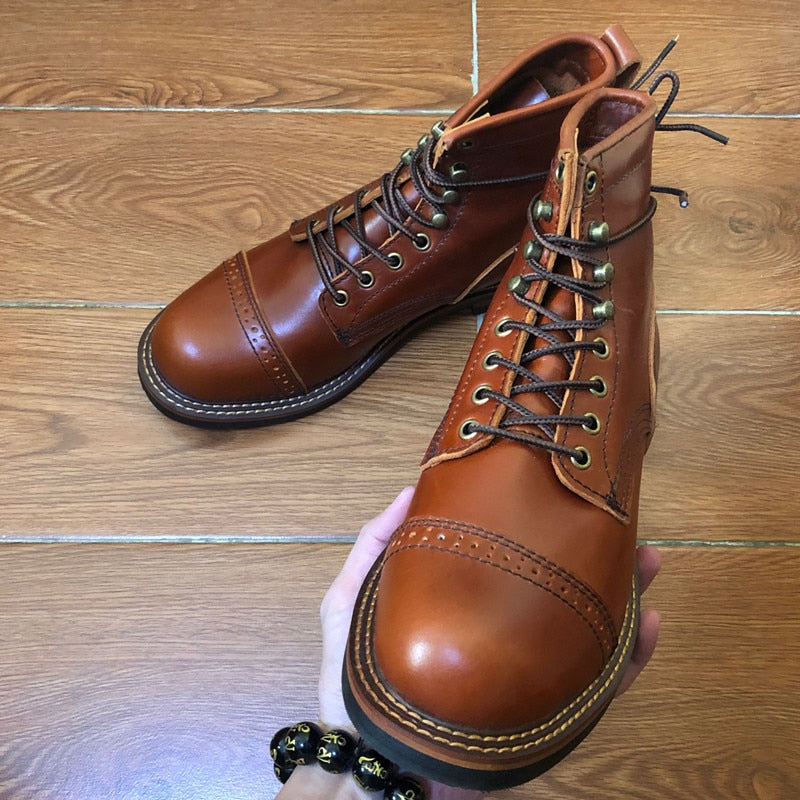 Men's Brown Leather Lace-Up Motorcycle Boots - LiveTrendsX made-to-order fit view 2