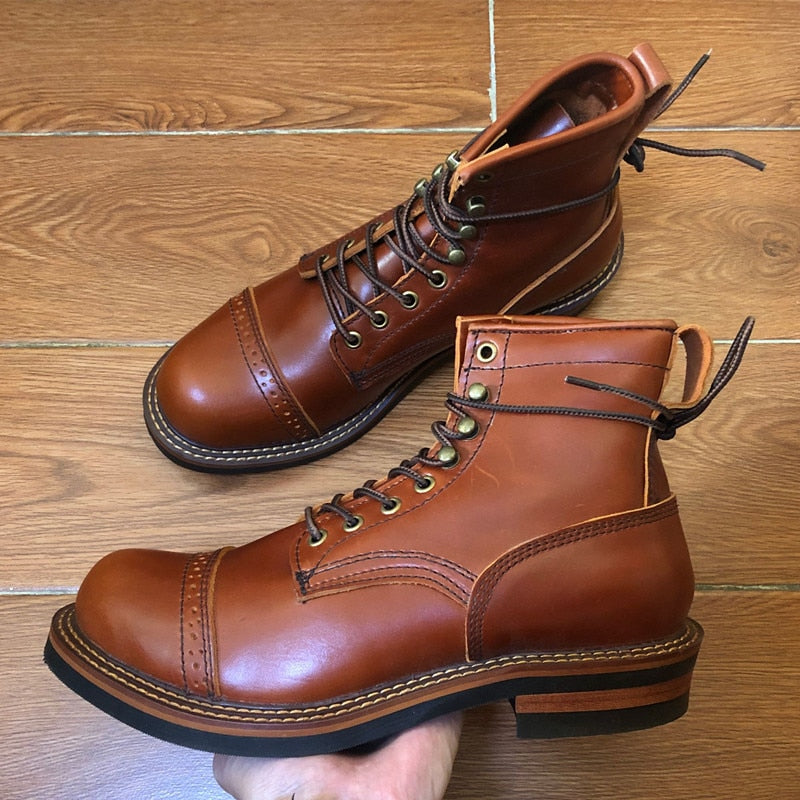 Men's Brown Leather Lace-Up Motorcycle Boots - LiveTrendsX made-to-order fit view 4
