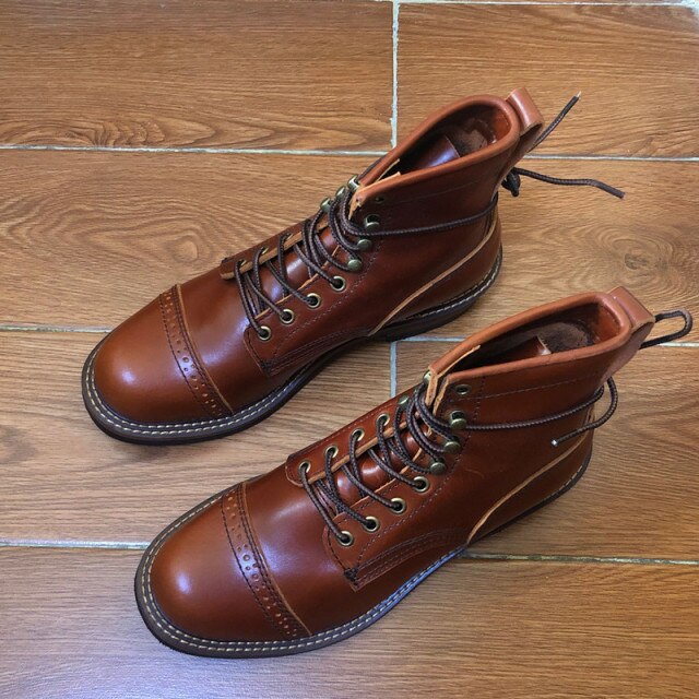 Men's Brown Leather Lace-Up Motorcycle Boots - LiveTrendsX made-to-order fit view 3