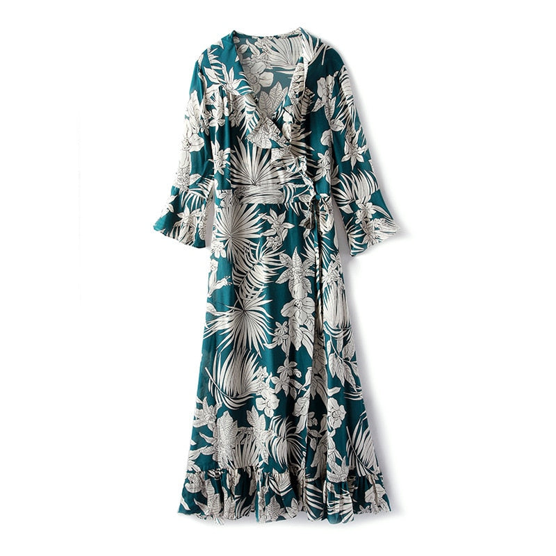 Summer new temperament V-neck ruffled silk printed dress for women half sleeve elegant female Dress - LiveTrendsX