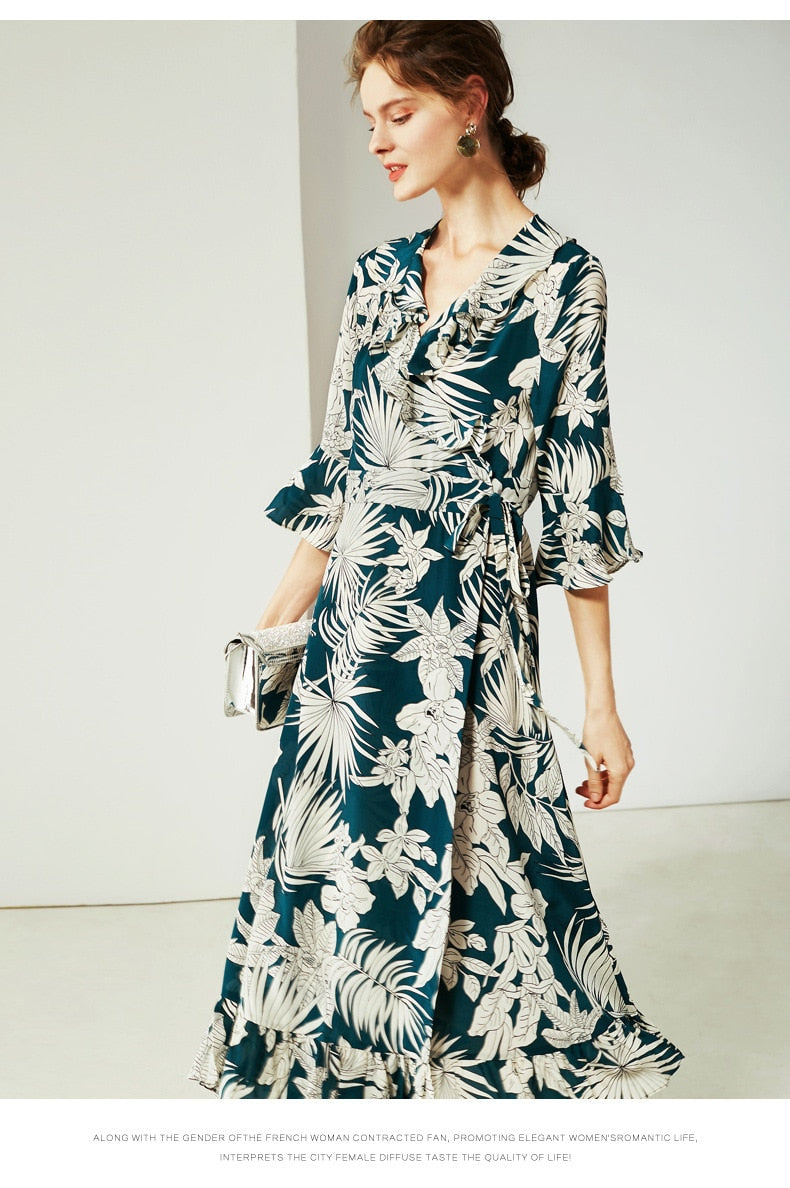 Summer new temperament V-neck ruffled silk printed dress for women half sleeve elegant female Dress - LiveTrendsX