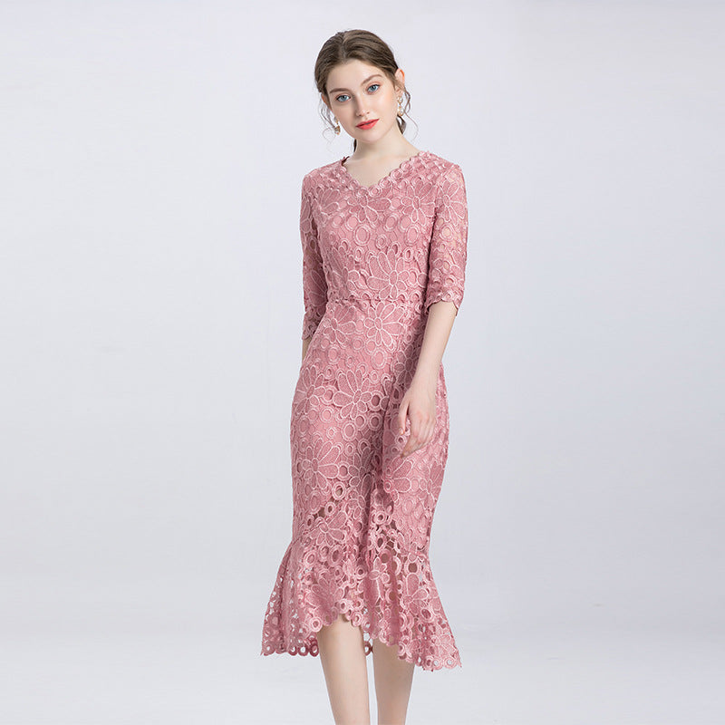 Europe and the United States high-end large size mother with big temperament slim hip tail sleeve flower dress - LiveTrendsX