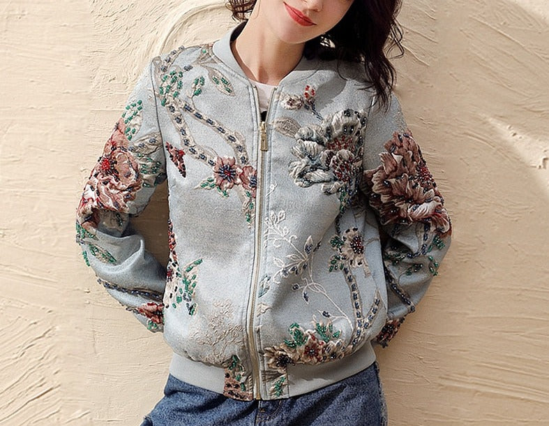 Bomber Jacket Women Embroidered Beading Vintage Jacket Casual Coat Punk Outwear L Baseball Stand Collarong Sleeve Coat Fashion - LiveTrendsX