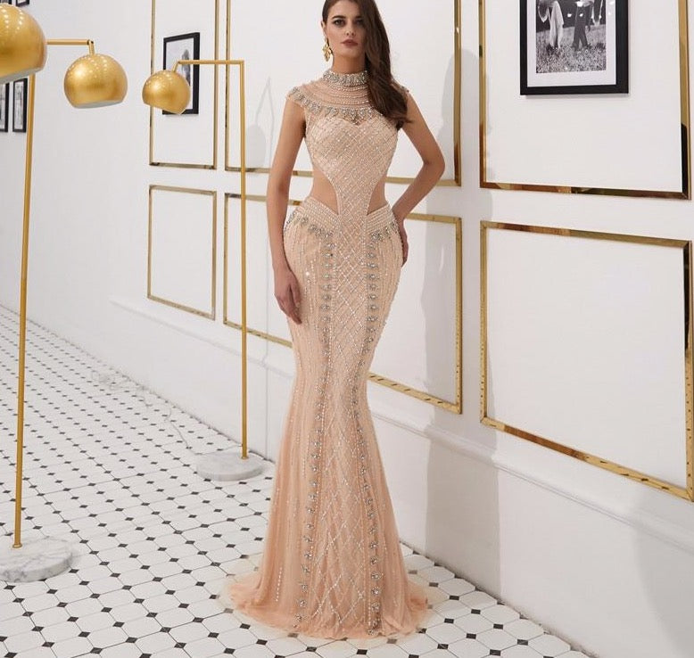 Nude Gold High Collar Sexy Evening Dresses 2020 Sleeveless Luxury Diamond Sparkle Evening Gowns - LiveTrendsX