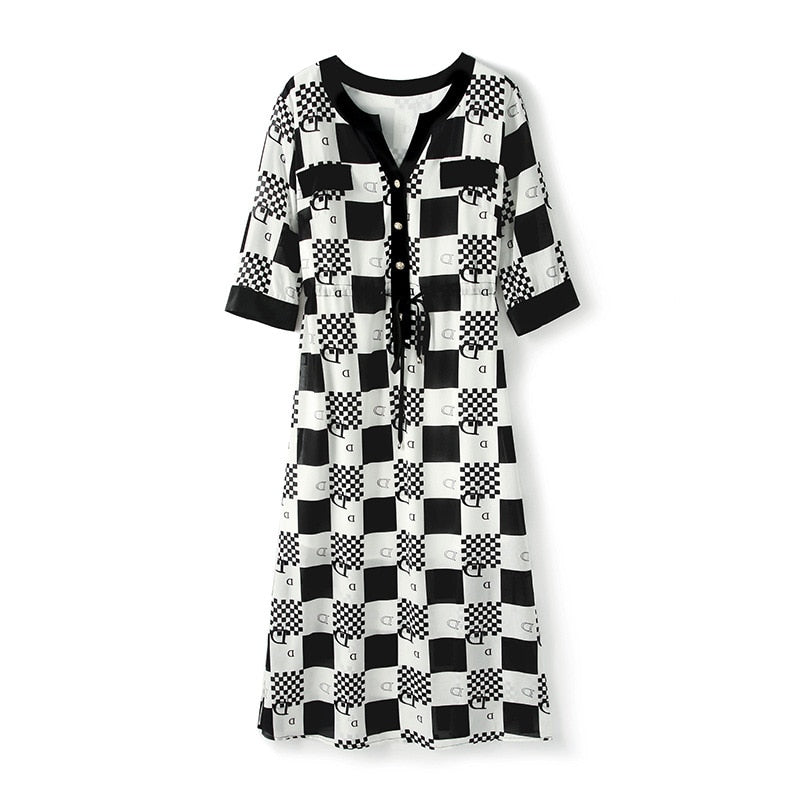 women's new temperament V collar short sleeve black and white contrast silk printed dress woman - LiveTrendsX