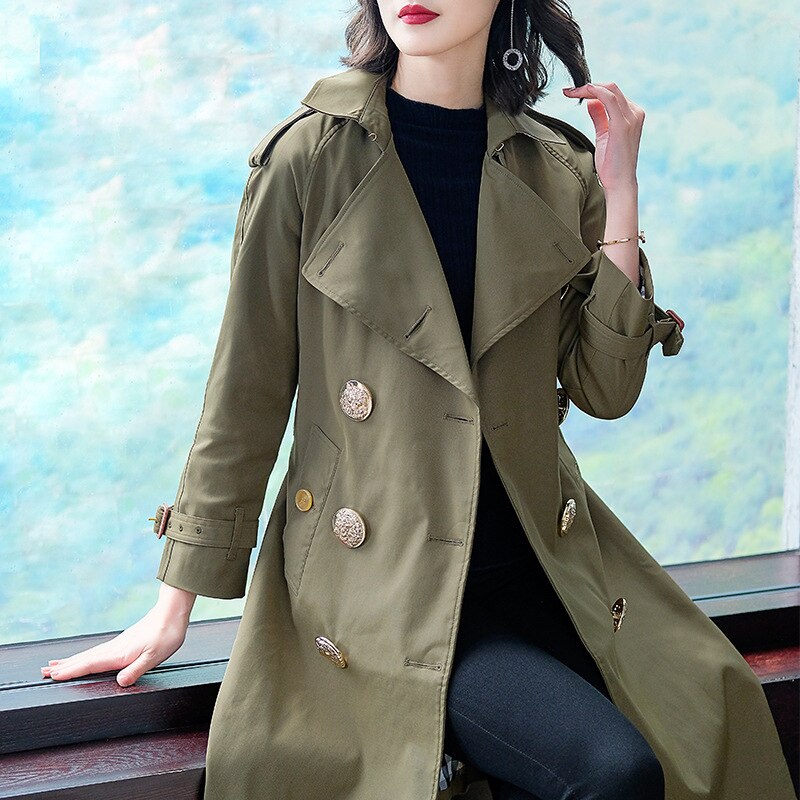 Fall and Winter New Windshirt Female Fashion Turn-lapel Temperament Long Sleeve Slim Army Green Long and Medium-length Coat - LiveTrendsX