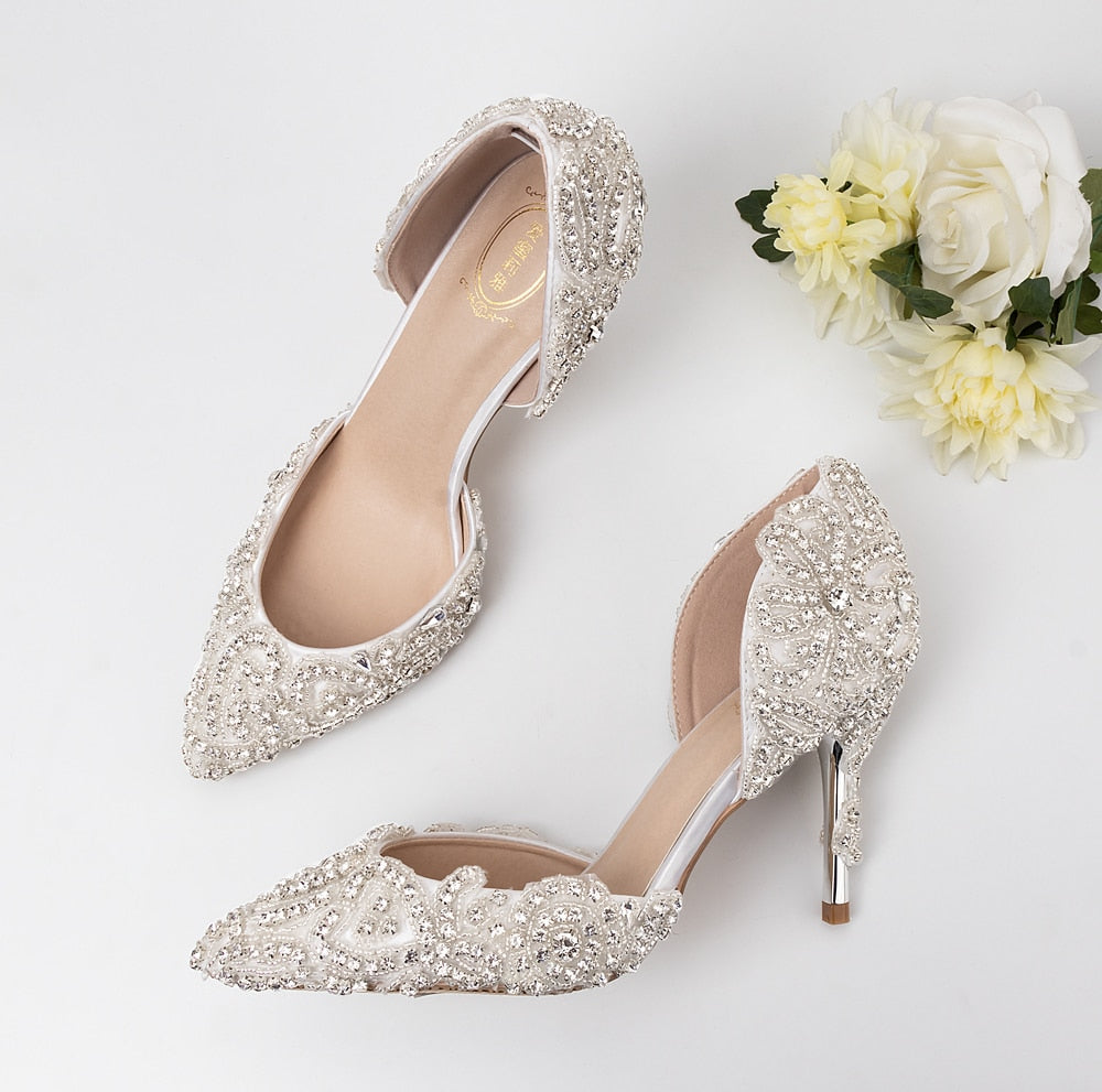 High heels silver and luxury sparkling rhinestone handmade custom wedding shoes 9cm banquet reception party ladies shoes - LiveTrendsX