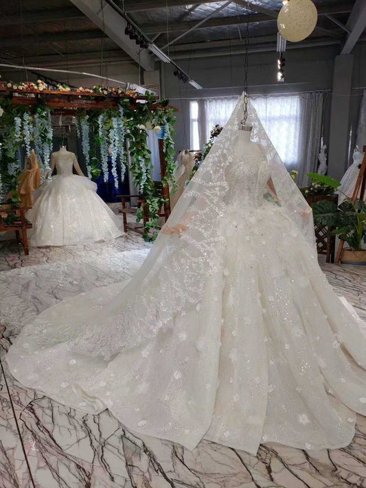 Ball Gown Bride Wedding Dress Wearhouse Real Photos Factory Sale Luxry Flower Beaded Sequin Long Sleeve Tulle Robe With Veils - LiveTrendsX