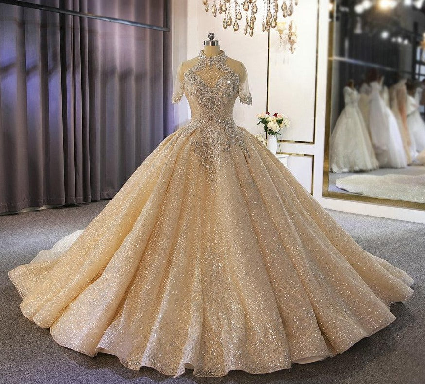 Luxury full heavy beading bridal wedding dress custom order with long train dubai weddings - LiveTrendsX