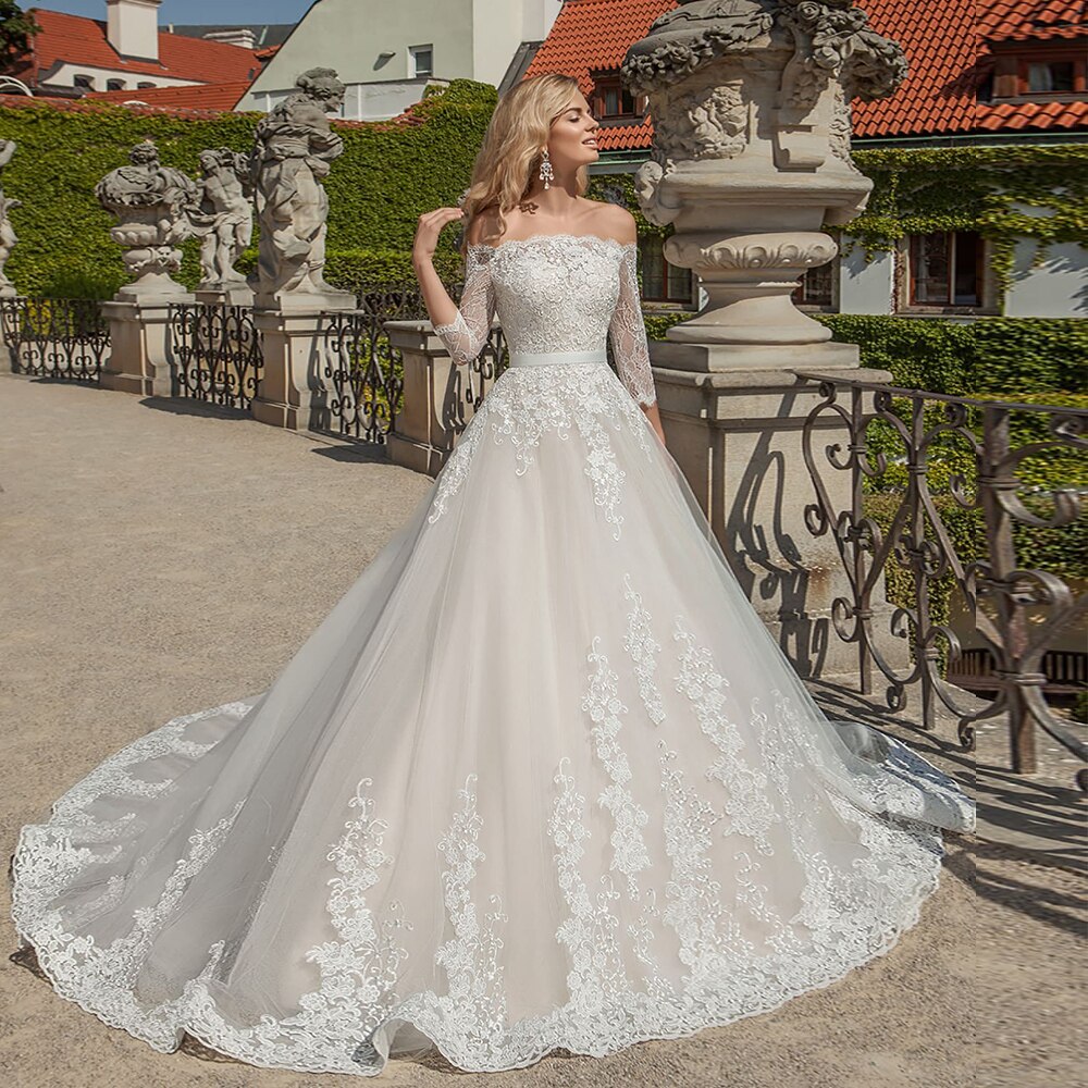 Princess A-line Wedding Dress Three Quarter Sleeve Brautkleid Boat Neck Lace Appliques Tulle Bridal Gowns - LiveTrendsX