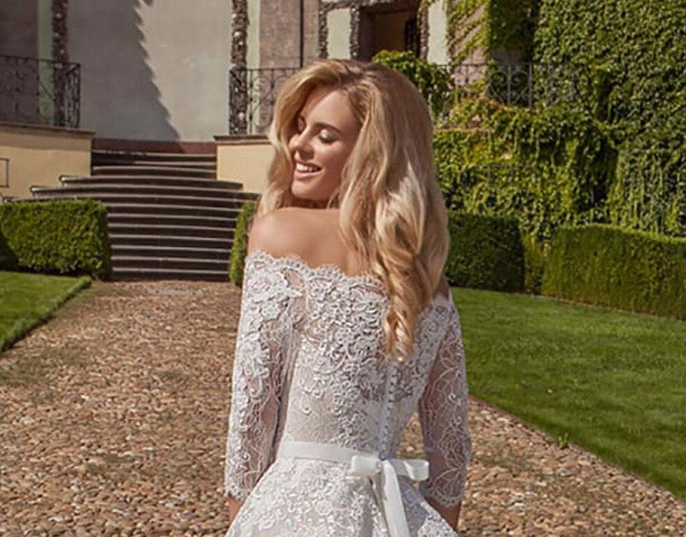 Princess A-line Wedding Dress Three Quarter Sleeve Brautkleid Boat Neck Lace Appliques Tulle Bridal Gowns - LiveTrendsX