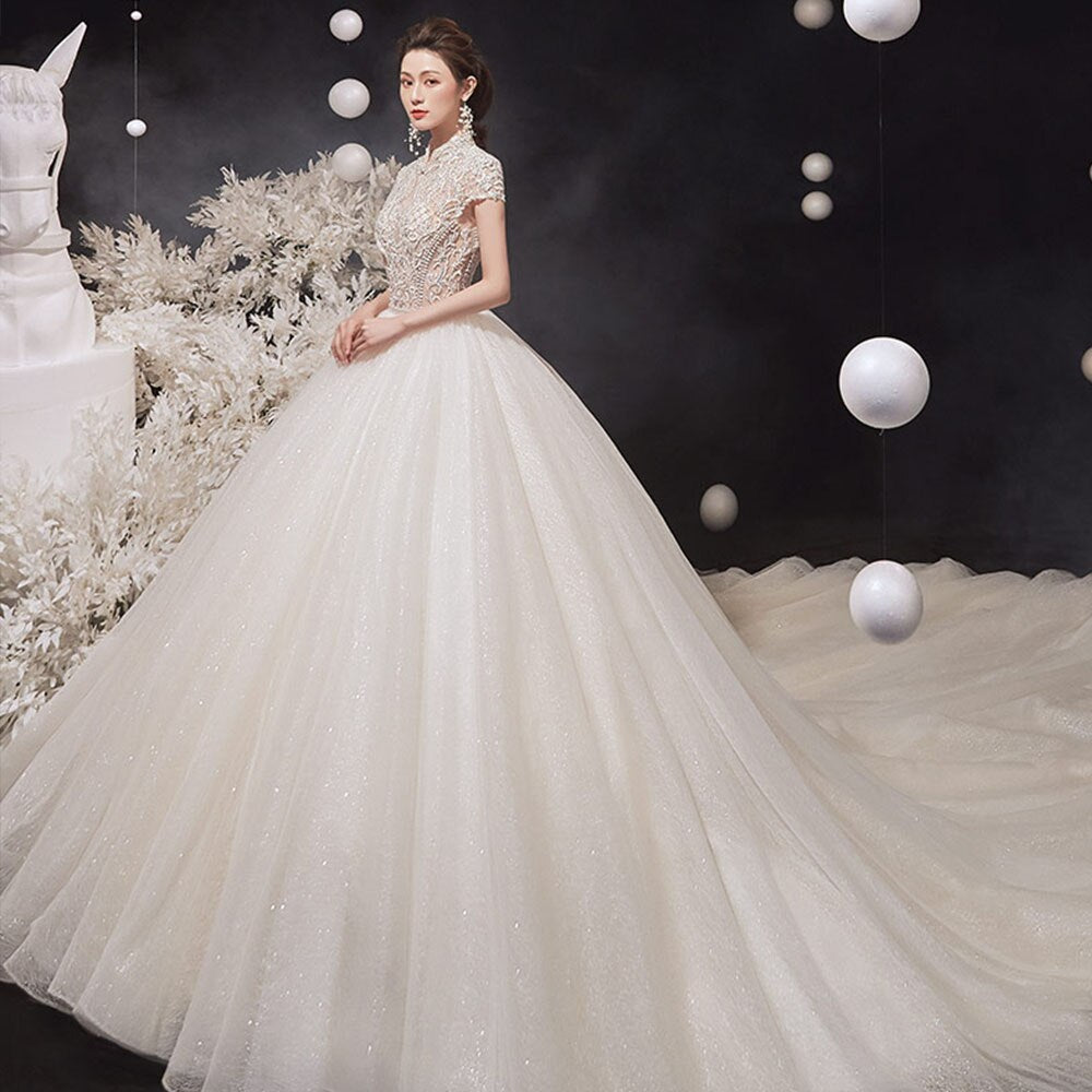 Full Beaded Crystal Shiny Gorgeous Ball Gown Wedding Dress Vestido De Noiva Princesa High Neck Short Sleeve Princess Dresses - LiveTrendsX