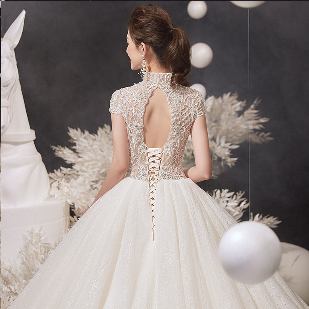 Full Beaded Crystal Shiny Gorgeous Ball Gown Wedding Dress Vestido De Noiva Princesa High Neck Short Sleeve Princess Dresses - LiveTrendsX