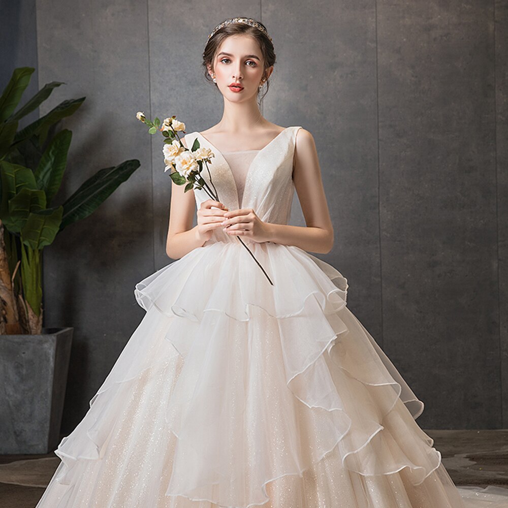 Custom Made Shiny Ball Gown Wedding Dress  Vestido Blanco V-neck Lace Up Princess Bridal Dresses Hochzeitskleid - LiveTrendsX