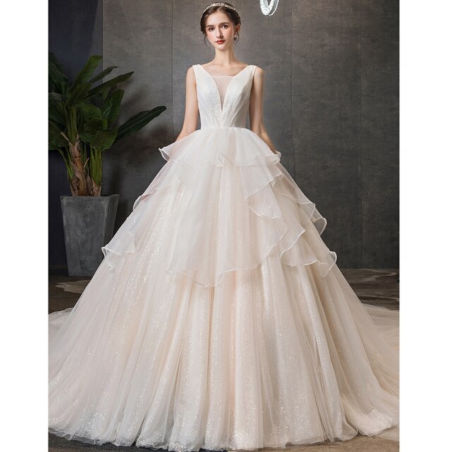 Custom Made Shiny Ball Gown Wedding Dress  Vestido Blanco V-neck Lace Up Princess Bridal Dresses Hochzeitskleid - LiveTrendsX