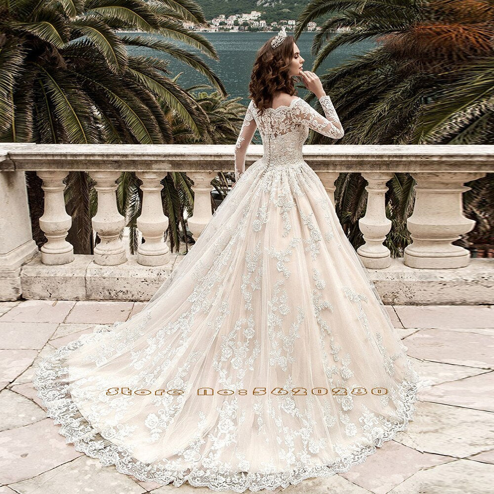 Custom Made All Over Appliques Wedding Dresses Long Sleeve Vestido Blanco Beading Crystal Belt Princess Wedding Gowns Bodas - LiveTrendsX