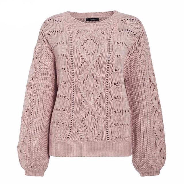Hollow out knitted women pullover sweater Lantern sleeve female autumn winter sweater O-neck casual ladies jumper - LiveTrendsX
