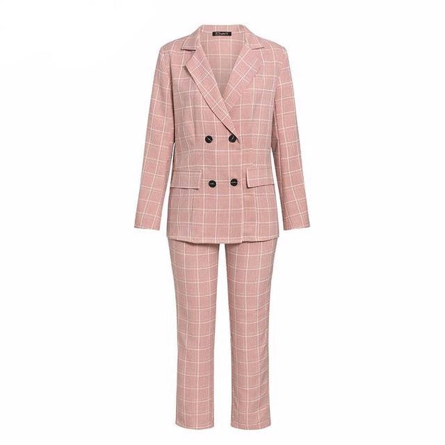 Plaid double breasted women blazer suit set Long sleeve office ladies pant suits female Casual streetwear trouser suit - LiveTrendsX