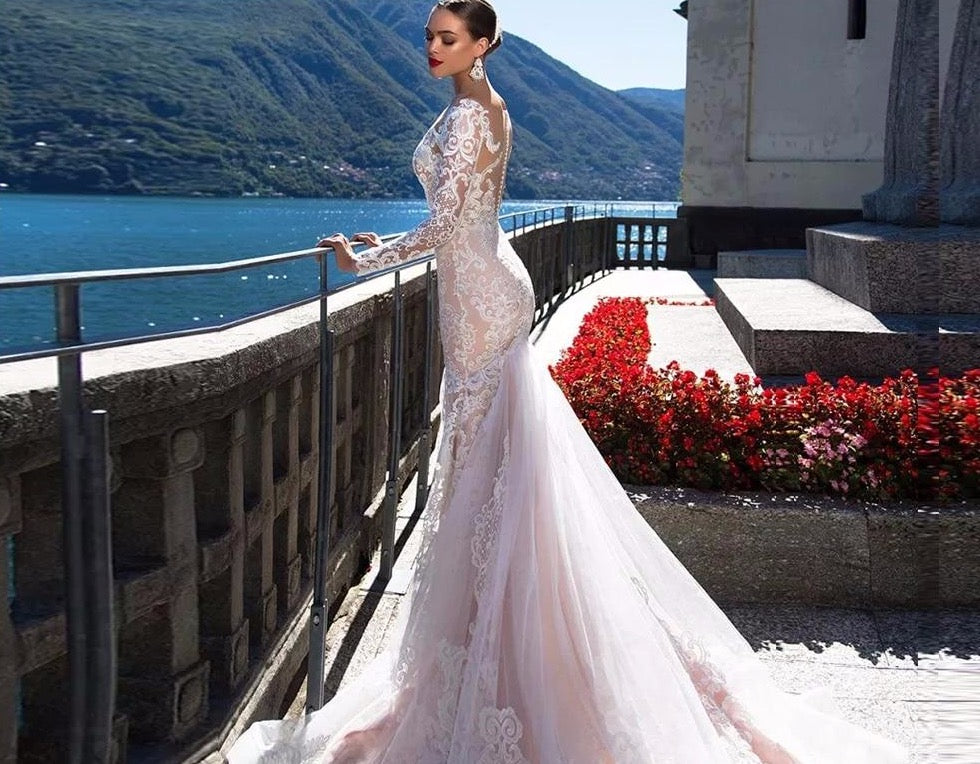 Custom Made Long Sleeve See Through Illusion Mermaid Wedding Dress Vestido De Noiva Sereia Buttons Up Lace Elegant Trumpet Gowns - LiveTrendsX