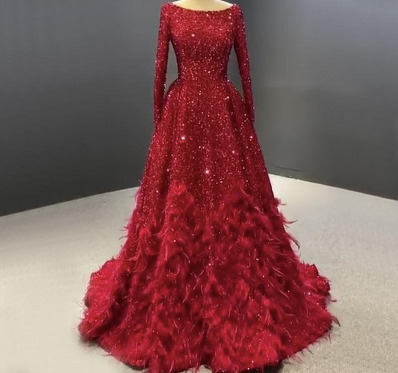 Dubai Red Sexy A-Line Luxury Evening Dresses  Long Sleeves Sequins Feathers Formal Dress - LiveTrendsX