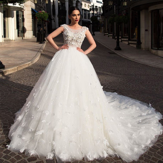 Flowers Ball Gown Wedding Dress With Picture Veil Suknia Slubna Buttons Up Back Full Pearls Body Tulle Dresses Robe De Mariage - LiveTrendsX