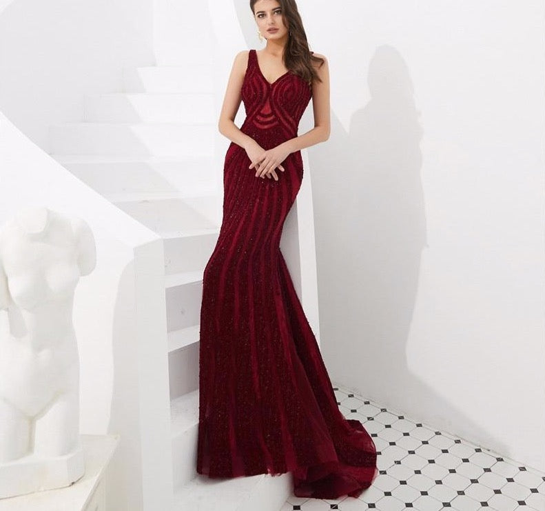Dubai Wine Red Mermaid Luxury Evening Dresses 2020 Full Diamond V-Neck Formal Gowns - LiveTrendsX