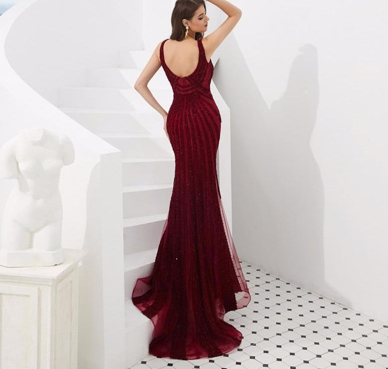 Dubai Wine Red Mermaid Luxury Evening Dresses 2020 Full Diamond V-Neck Formal Gowns - LiveTrendsX