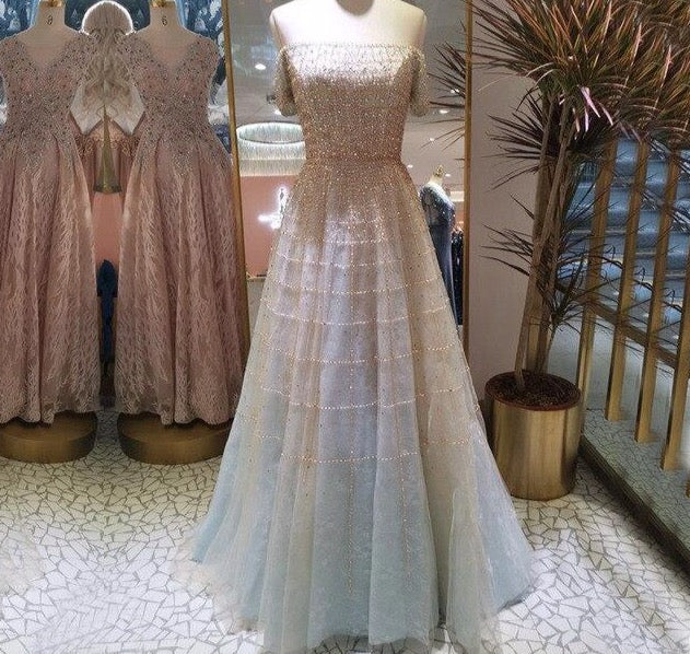 Silver Off Shoulder Short Sleeve  Evening Dresses 2020 Dubai A-Line Beading Diamond Evening Gowns - LiveTrendsX