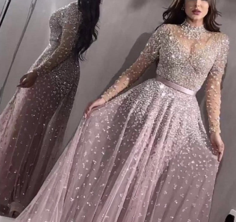 Latest Design Pink High Collar Evening Dresses Long Sleeves Sequined S ...