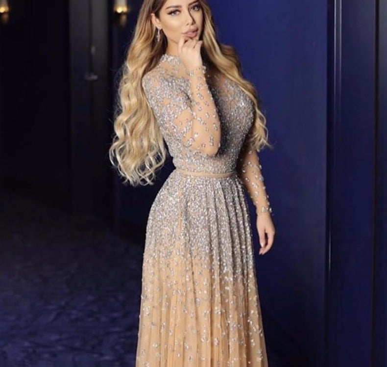 Latest Design Pink High Collar Evening Dresses Long Sleeves Sequined S ...