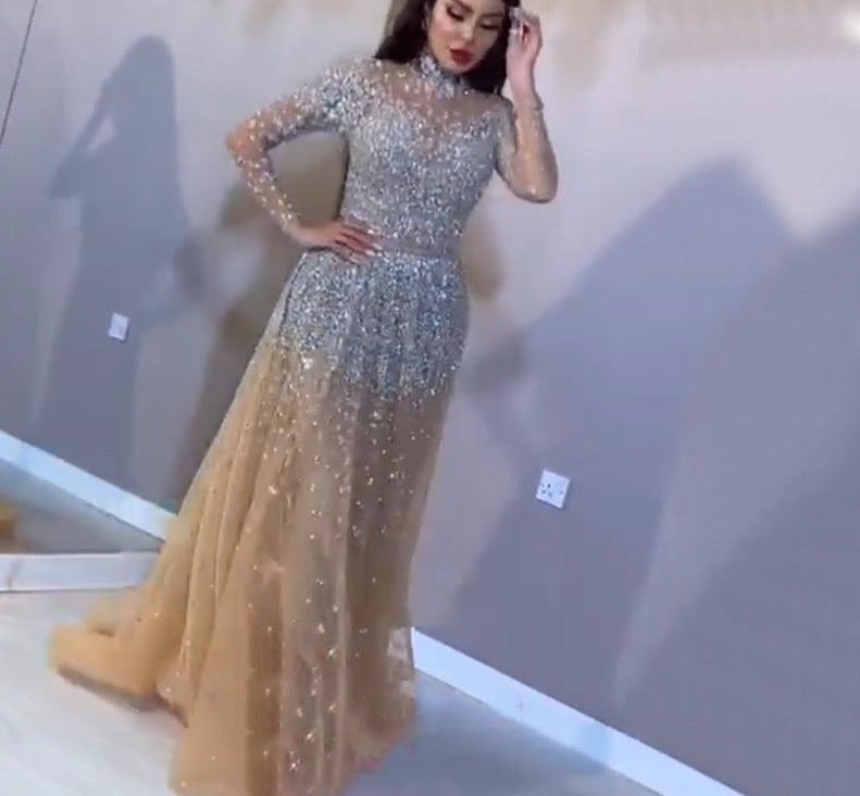 Latest Design Pink High Collar Evening Dresses 2020 Long Sleeves Sequined Sexy Formal Dress - LiveTrendsX